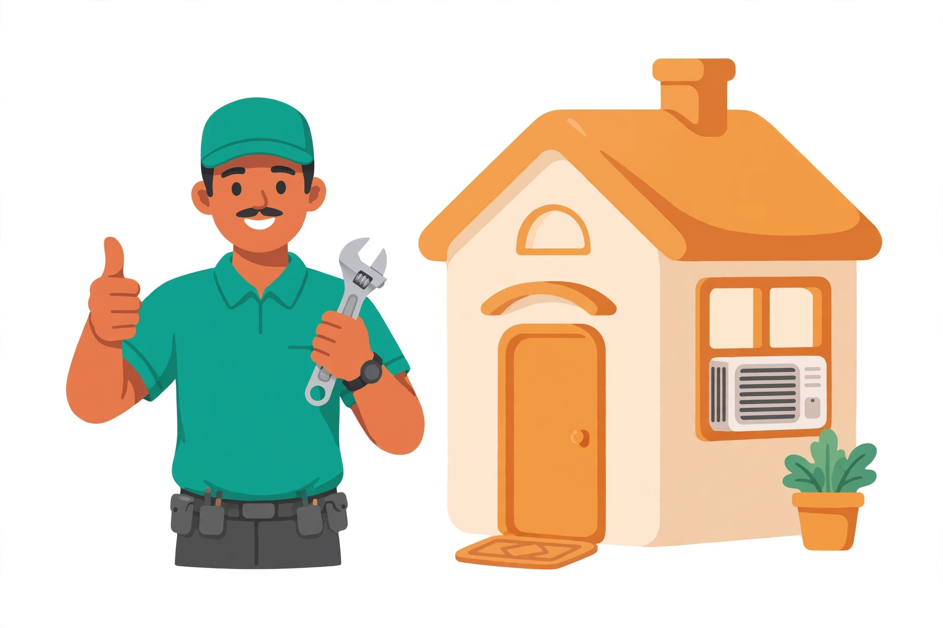 MahaMistri ka mistri — wrench ke saath, paas me ghar aur AC unit